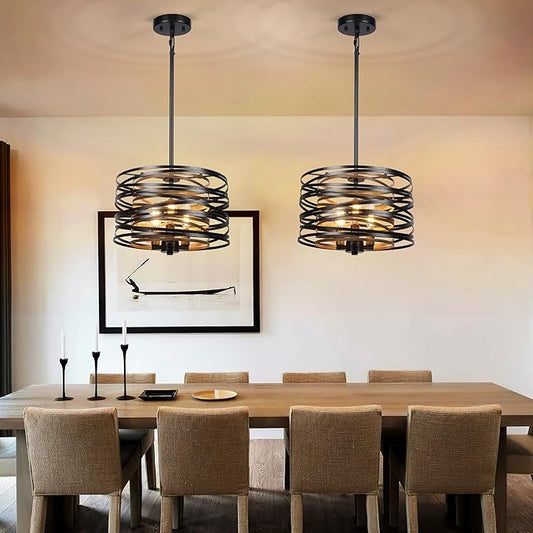 Sigaitwei 3-Light Dining Room Chandelier，12.6" Rustic Black Drum Chandeliers，Wood Grain and Vintage Light Fixture for Kitchen Entryway Living Room