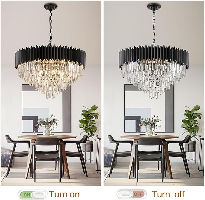 30'' Black Crystal Chandelier 6-Tier K9 Crystal Round Pendant Lights 15-Lights Adjustable Large Modern Crystal Chandelier Light for Dining Room Living Room Kitchen Foyer Entryway