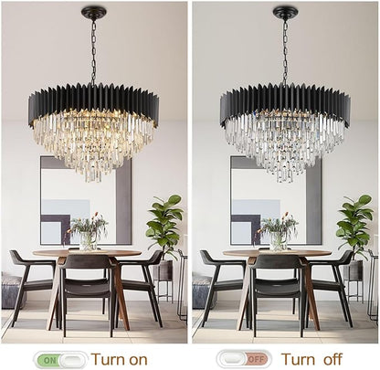 30'' Black Crystal Chandelier 6-Tier K9 Crystal Round Pendant Lights 15-Lights Adjustable Large Modern Crystal Chandelier Light for Dining Room Living Room Kitchen Foyer Entryway