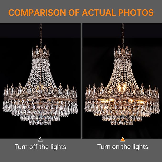 TOCHIC French Empire Crystal Chandelier, 9-Light Farmhouse Antique Bronze Chandelier Vintage Rustic Ceiling Light Fixture for Dining Living Room, Bedroom, Kitchen Island, Bathroom, Foyer, 24" W