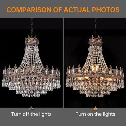 TOCHIC French Empire Crystal Chandelier, 9-Light Farmhouse Antique Bronze Chandelier Vintage Rustic Ceiling Light Fixture for Dining Living Room, Bedroom, Kitchen Island, Bathroom, Foyer, 24" W
