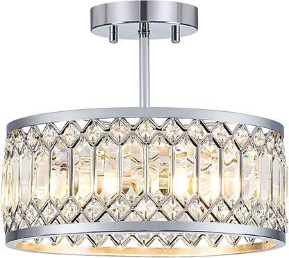 Pevfah Crystal Chrome Ceiling Light, Modern Semi Flush Mount Ceiling Lighting Fixture, Round Hallway Lighting Fixtures Chandelier for Kitchen Entryway Bedroom Dining Room, 3-Light, 12.2 Inch