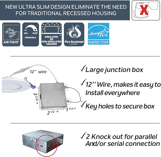 Nadair, 3’’ LED Recessed Ultra Slim Lights, 12-Pack, IC Rated, Dimmable, 6W=50W, 450 Lumens, 4000K (Cool White), Large Junction Box, Quick Connect System, White Finish, Brushed Nickel Trim Included