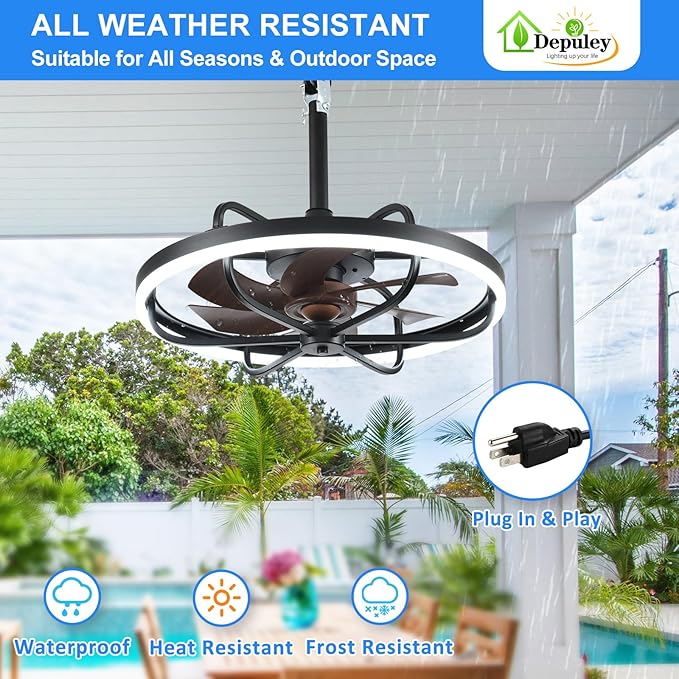 Depuley 20" Outdoor Ceiling Fan with Lights, Walnut and Black Waterproof Gazebo Hanging Fan with Remote App Control, Dimmable Plug in Caged Outdoor Ceiling Fans for patios Porch 6-Speeds