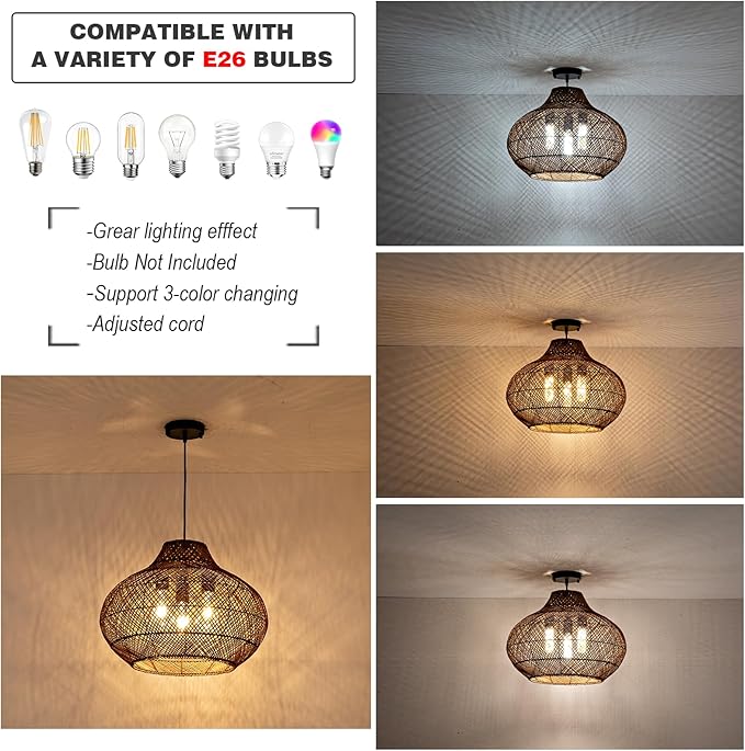 19inch Large Rattan Chandelier, Rattan Woven Chandeliers Dining Room Boho Light Fixture 3-Light Wicker Rustic Hanging Light for Kitchen Island Living Room Foyer Restaurant