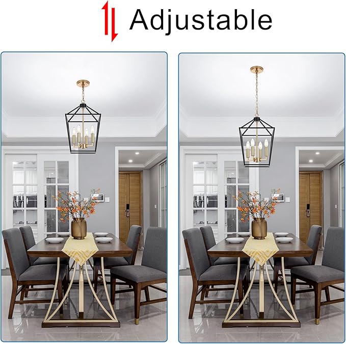 MELUCEE 4-Light Farmhouse Cage Pendant Light in Black Vintage Chandelier Lantern Hanging Light Fixtures Ceiling with Brass Candle-Shaped Socket for Kitchen Island, Dining Room, Foyer
