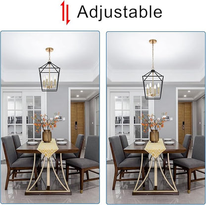 MELUCEE 4-Light Farmhouse Cage Pendant Light in Black Vintage Chandelier Lantern Hanging Light Fixtures Ceiling with Brass Candle-Shaped Socket for Kitchen Island, Dining Room, Foyer