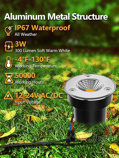 ZUCKEO Low Voltage Landscape Lighting LED Well Lights 3W 12V-24V in Ground Light IP67 Waterproof Outdoor Low Voltage Landscape Lights for Floor Driveway Deck Step Garden (8 Pack Warm White)