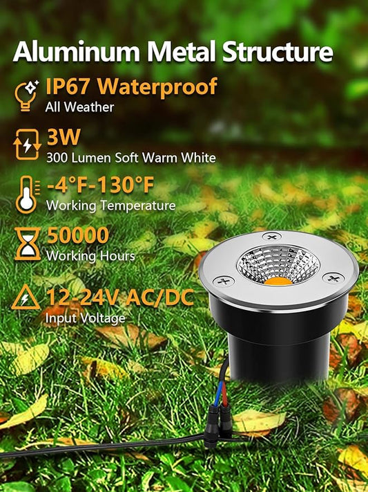ZUCKEO Low Voltage Landscape Lighting LED Well Lights 3W 12V-24V in Ground Light IP67 Waterproof Outdoor Low Voltage Landscape Lights for Floor Driveway Deck Step Garden (8 Pack Warm White)