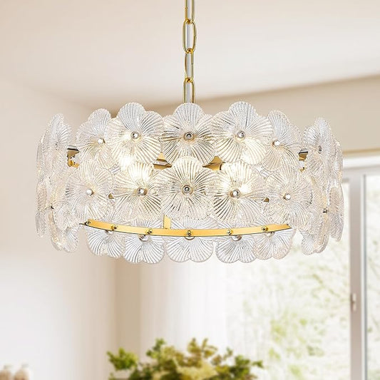 14" Clear Flower Glass Chandelier Elegant 4 Lights Modern Gold Pendant Lighting Fixture for Kitchen Island Dining Room Bedroom Entryway Hallway, G9