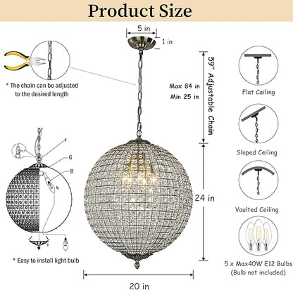 ALOADECOR 5-Light W20 in Vintage Crystal Sphere Chandelier in Antique Gold Modern Glam Globle Cage-Style Shade Pendant Light for Dining Room Living Room