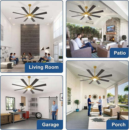 Large Ceiling Fans with Lights: Modern 66 Inch 8 Blade Outdoor Ceiling Fan with Remote APP Control - Dimmable Black Gold Big Fan light Indoor Reversible 6 Speed Quiet DC Motor