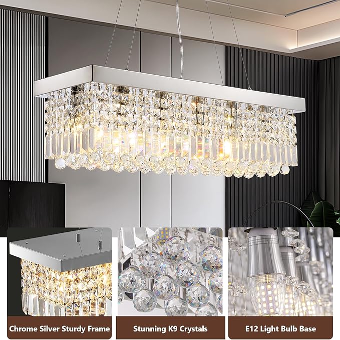 Modern Crystal Chandeliers for Dining Room Kitchen Island Light Fixture, 6-Light Rectangle Chandelier for Living Room, L31.5 Inch, Chrome Finish