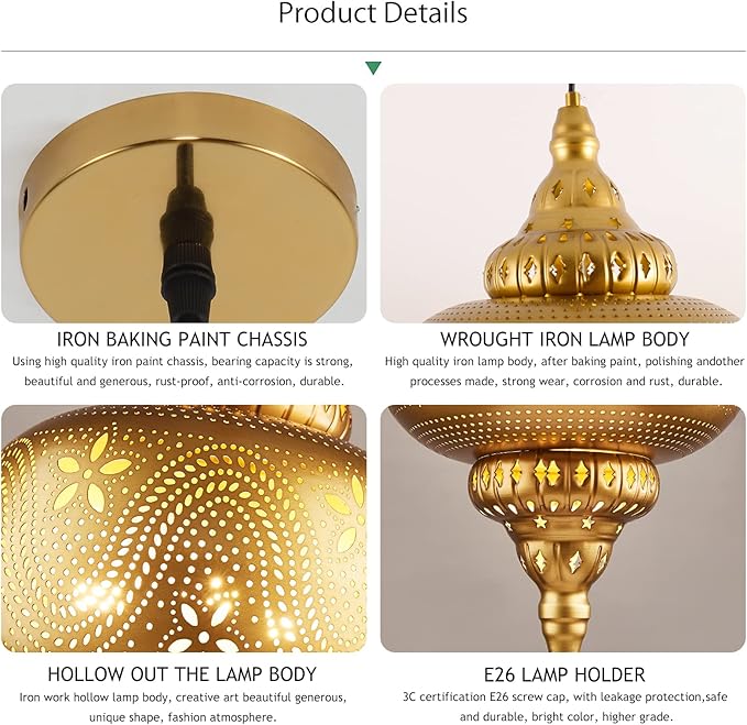 Moroccan Pendant Light - Turkish Gold Vintage Chandelier - Iron Porous Arabic Wall Light - Plug-in Ceiling Hanging Light for Kitchen Island, Restaurant, Hallway, Foyer