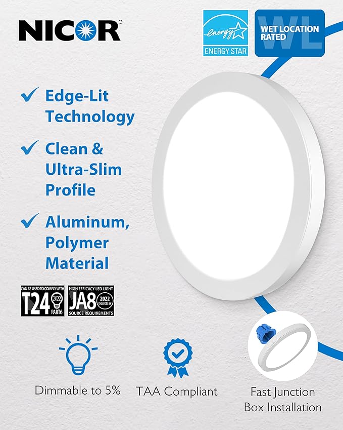 11” Round LED Surface Mount Ceiling Light - Dimmable Ceiling Light for Kitchen - Selectable CCT 2700K-5000K, 1523-1588 Lumens, 15.9W - DSE Edge-Lit Downlights for Ceiling, White by NICOR Lighting