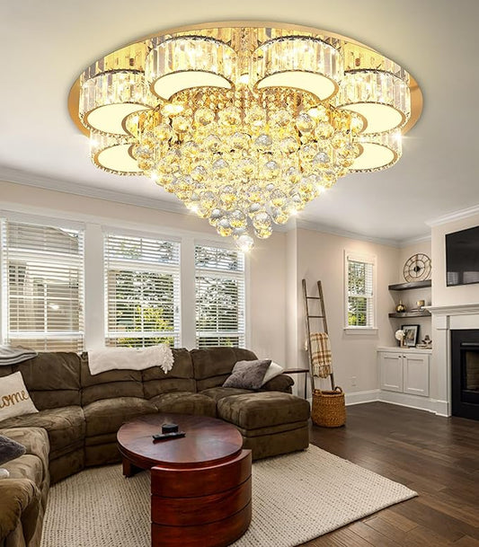 31.4" Gold Modern Crystal Chandeliers for Dining Room LED Dimmable Light Fixtures Flush Mount Light Living Room Bedrooms