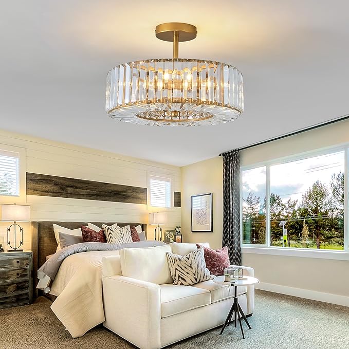 Piepooye 4 Lights Modern Crystal Chandelier Gold Round Semi Flush Mount Ceiling Light Fixture Farmhouse Chandelier for Dining Room Living Room Bedroom Hallway Entryway Kitchen