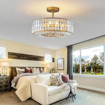 Piepooye 4 Lights Modern Crystal Chandelier Gold Round Semi Flush Mount Ceiling Light Fixture Farmhouse Chandelier for Dining Room Living Room Bedroom Hallway Entryway Kitchen