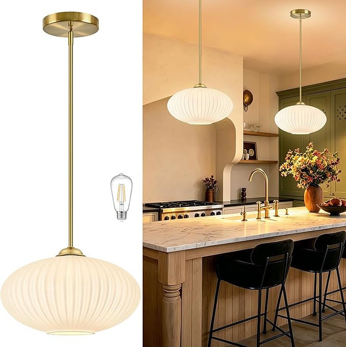 12" Milky White Glass Modern Pendant Light Kitchen Island Brushed Gold Mid Century Modern Pendant Lighting with Frosted Glass Hanging Pendants Light for Bedroom（Bulb Incl.）