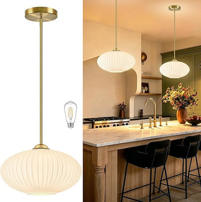 12" Milky White Glass Modern Pendant Light Kitchen Island Brushed Gold Mid Century Modern Pendant Lighting with Frosted Glass Hanging Pendants Light for Bedroom（Bulb Incl.）