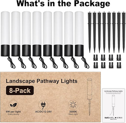 Landscape Lighting Low Voltage Pathway Lights, 8 Pack Landscape Path Lights 300LM 6W, 3000K Bollard Aluminum Low Voltage Landscape Lights Wired for Walkway Yard Garden