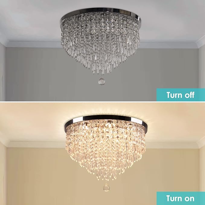 19.7" Crystal LED Flush Mount Ceiling Light, 5-Tier K9 Raindrop Crystals, Chrome Stainless Steel Chandelier Fixture for Bedroom, Living Room & Dining Room 3000K Warm White