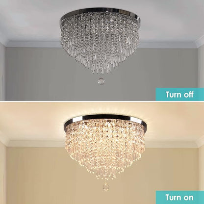 19.7" Crystal LED Flush Mount Ceiling Light, 5-Tier K9 Raindrop Crystals, Chrome Stainless Steel Chandelier Fixture for Bedroom, Living Room & Dining Room 3000K Warm White