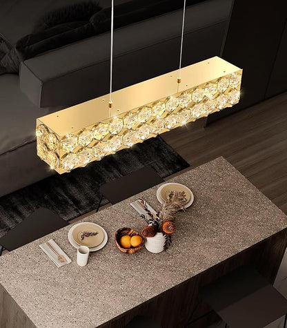 24'' Modern Crystal Chandelier for Dining Room Ceiling Light Fixture for Living Room Hallway Lighting LED Dimmable with Remote Gold