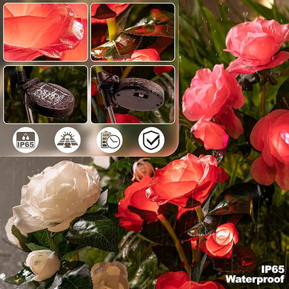 Anordsem Solar Garden Lights Outdoor: 20 Waterproof Fabric Roses 4 Pack - Red LED Flower Decorations for Yard Patio Path Cemetery Grave - Birthday Gifts for Women Mom Wife