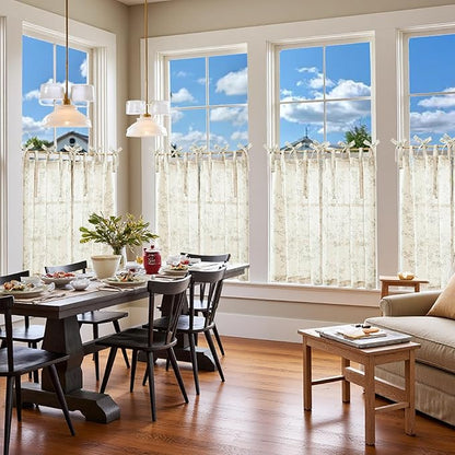 jinchan Floral Kitchen Curtains 36 Inch Linen Tier Curtains Farmhouse Cafe Half Window Drapes Over Sink Light Filtering Black on Beige for Living Room Laundry Tie Top 2 Panels