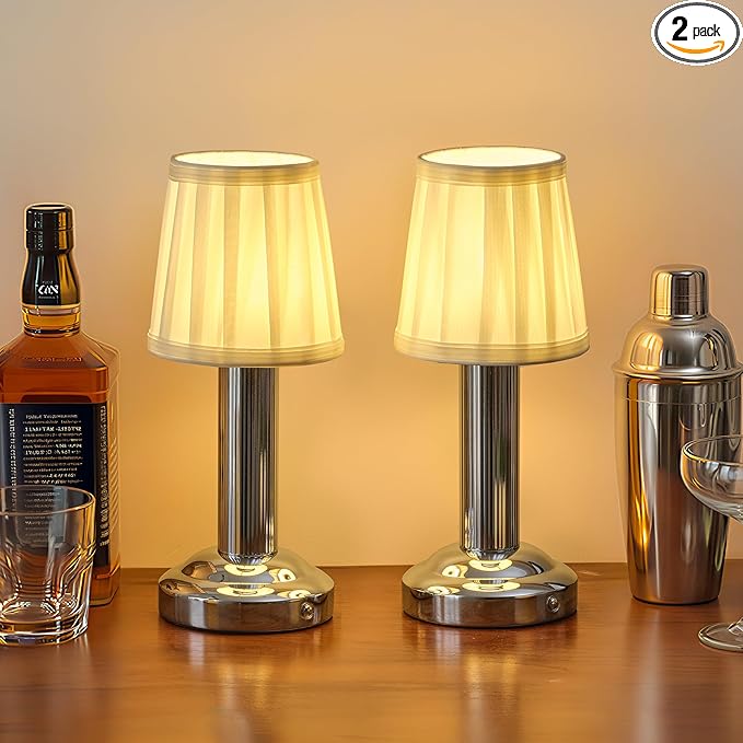 Small Cordless Table Lamp 2 Pack, 11.4" H Fabric Shade Touch Lamps, 4000mAh Rechargeable Battery Powered Lamp, Mini Bedside Lamp for Buffet, Dining Room, Bedroom, Bar (Silver)