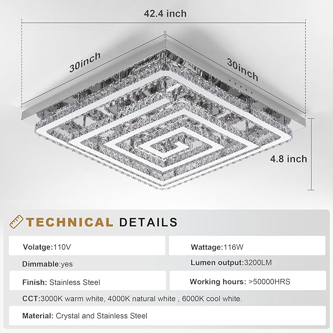 43 inch Crystal Chandelier with Remote/APP Control, 3 Color Temperature Light Fixture & Brightness Adjustable, Modern Flush Mount LED Ceiling Light Fixture for Living Room Kitchen Hallway Dining Room