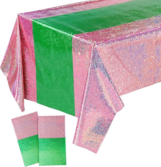 Oudain 2 Pcs Witch Princess Theme Party Pink & Green Holographic Party Tablecloth 54 x 108 Inch Plastic Rectangle Tablecloth Waterproof Table Cover for Witch Princess Theme Birthday Decoration