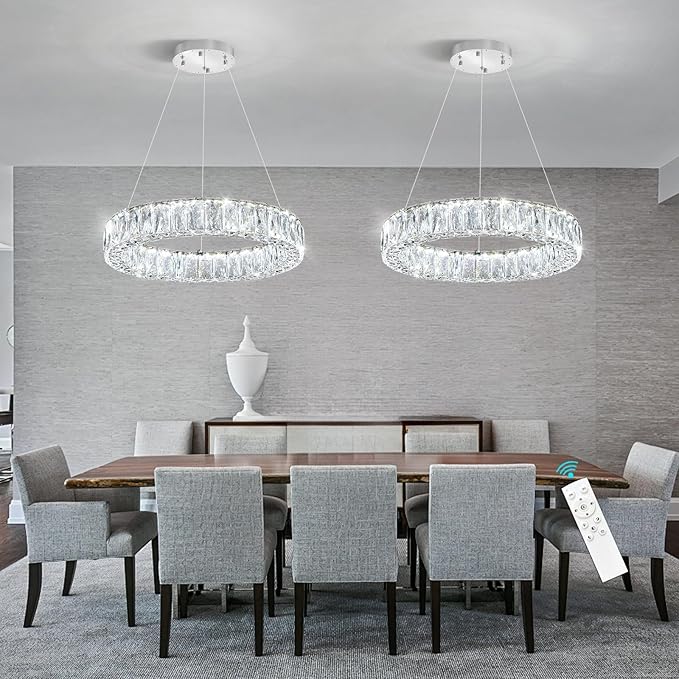 HAIXIANG Modern Crystal Chandelier Dimmable LED 16 Inch Ring Pendant Lights Adjustable Glam Chandeliers Lighting Fixtures for Dining Room Living Room Bedroom Silver Light
