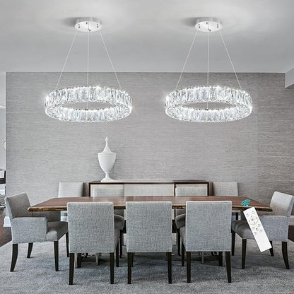 HAIXIANG Modern Crystal Chandelier Dimmable LED 16 Inch Ring Pendant Lights Adjustable Glam Chandeliers Lighting Fixtures for Dining Room Living Room Bedroom Silver Light