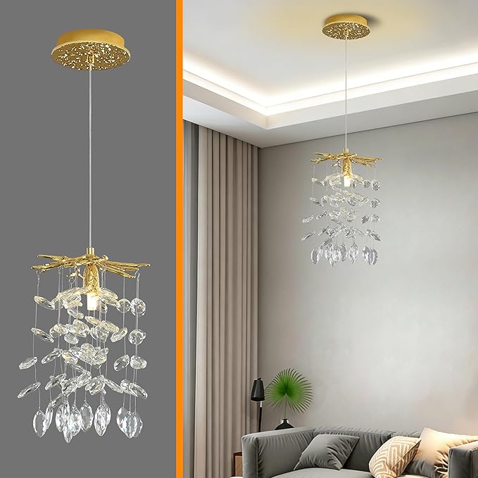 Modern K9 Crystal Tree Branches Chandelier, 8.6in Gold 1 Lights Large Ceiling Hanging Light for Dining Room, Round Tassel Ceiling Hanging