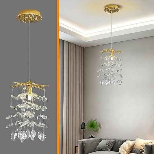 Modern K9 Crystal Tree Branches Chandelier, 8.6in Gold 1 Lights Large Ceiling Hanging Light for Dining Room, Round Tassel Ceiling Hanging