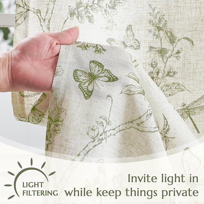 jinchan Floral Kitchen Curtains for Windows 24 Inch Farmhouse Country Linen Tier Curtains Botanic Small Window Drapes for Living Room Bathroom Laundry RV Rod Pocket Rustic 2 Panels Green on Beige