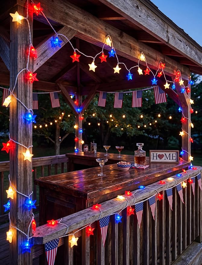 8.5Ft Patriotic Red White Blue Star String Lights, 10 LED Plug in Connectable Fairy Lights for 4th of July Independence Day, Outdoor Waterproof Star Lights for Patio Garden Bedroom Holiday Party Decor