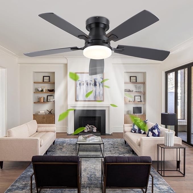 48” Ceiling Fans with Lights, Flush Mount Ceiling Fan with Light And Remote/APP, Low Profile Ceiling Fan with Light, Reversible, 6 Speed Noiseless LED Ceiling Fan, Black Ceiling Fan for Bedroom