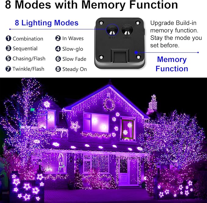 Solar Christmas Halloween String Lights Purple Outdoor Waterproof 2Pack Total 200Led 8 Modes Copper String Lights Fairy Lights for Valentine's Day Garden, Patio, Fence, Balcony, Outdoors