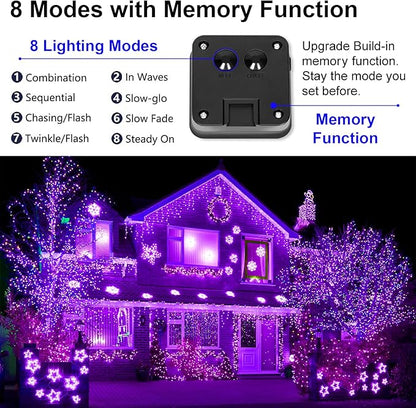 Solar Christmas Halloween String Lights Purple Outdoor Waterproof 2Pack Total 200Led 8 Modes Copper String Lights Fairy Lights for Valentine's Day Garden, Patio, Fence, Balcony, Outdoors