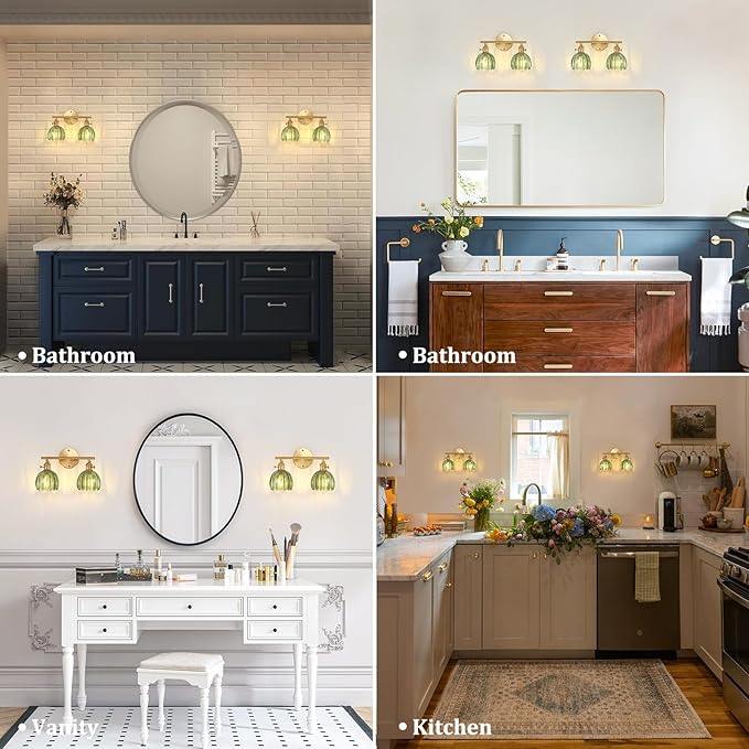 Shenmoyl Bathroom Light Fixtures, 2-Light Brass Vanity wall Light Over Mirror with Green Tulip Glass Shade for Bedroom Living Room (Bulb Not Included)