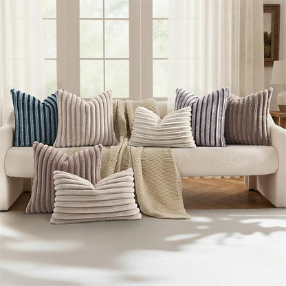 decorUhome Summer Cozy Faux Fur Throw Pillow Covers 16x16 Set of 2 Decorative Soft Plush Striped Modern Farmhouse Boho Couch Pillow Cases with Velvet Back for Sofa Bed Living Room, Beige White
