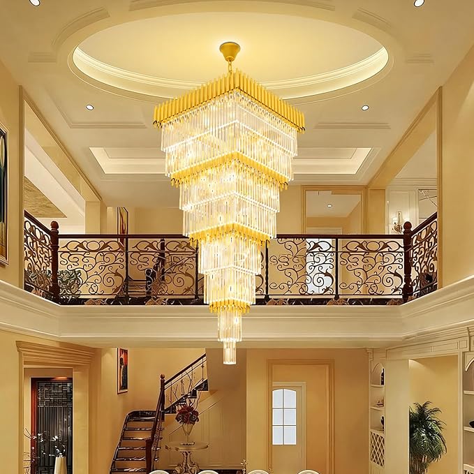 W32 x H94.5 Large Gold Chandeliers for High Ceiling, 25-Light Square Tiered K9 Crystal Raindrop Chandelier, Adjustable Height Luxury Pendant Light for Staircase, Villa Foyer, Entryway