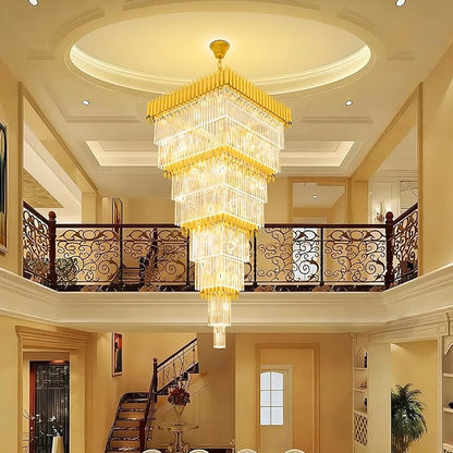 W32 x H94.5 Large Gold Chandeliers for High Ceiling, 25-Light Square Tiered K9 Crystal Raindrop Chandelier, Adjustable Height Luxury Pendant Light for Staircase, Villa Foyer, Entryway