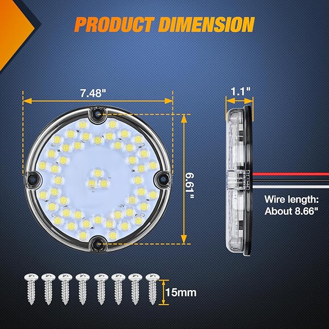 Nilight Tail Light 2PCS 7Inch Round 47 LED White with Inner Reflex Lens Marker Clearance Reverse Backup Running Taillight IP67 Waterproof for Trailer Truck Pickup Camper RV BUS
