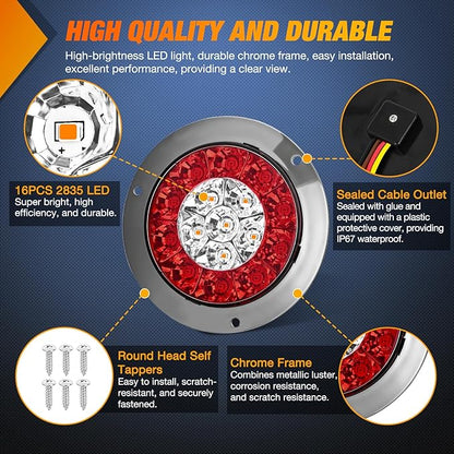 Nilight Trailer Tail Light 2PCS 4Inch Round 16 LED Red Amber Chrome Frame Marker Clearance Stop Brake Turn Signal Running Taillight IP67 Waterproof for Trailer Truck Pickup Camper RV