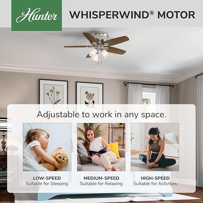 Hunter 42 inch Indoor Ceiling Fan with LED Lights - Ceiling Fan with Pull Chain, For Bedroom, Living Room, or Kitchen, Low Profile Flush Mount, No Remote, 5 Blades - Builder 51092, Brushed Nickel
