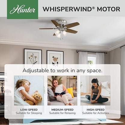 Hunter 42 inch Indoor Ceiling Fan with LED Lights - Ceiling Fan with Pull Chain, For Bedroom, Living Room, or Kitchen, Low Profile Flush Mount, No Remote, 5 Blades - Builder 51092, Brushed Nickel